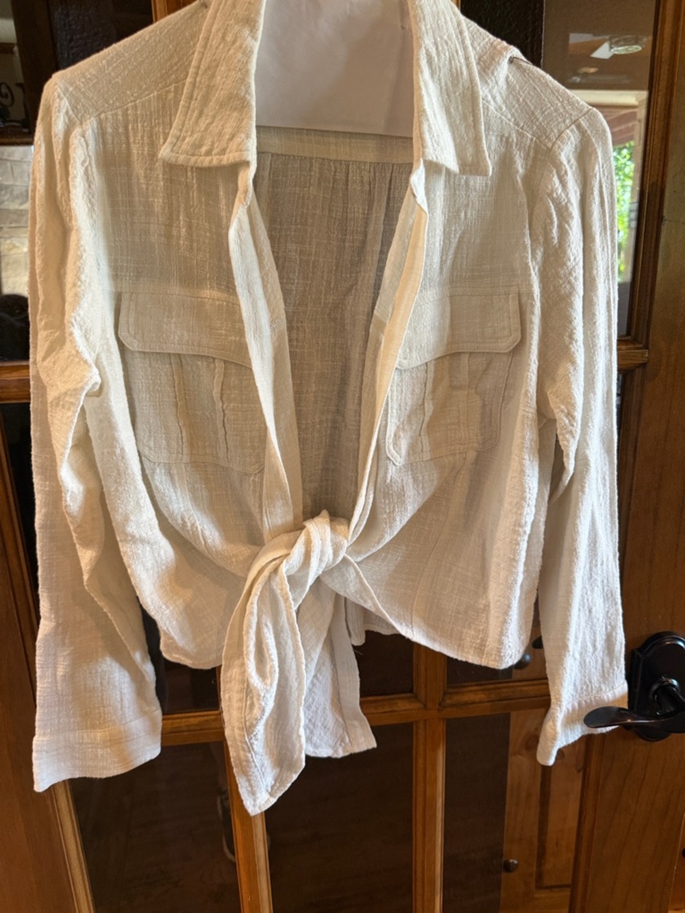 By Together Cream Tie-Front Long Sleeve Crop Shirt